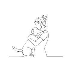 Continuous one line drawing of a woman hugging a dog. Minimalist vector illustration of a girl embracing her pet with love. Abstract sketch design symbolizing friendship and loyalty.
