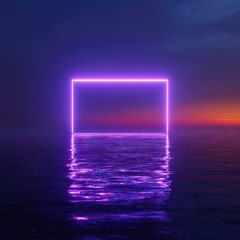 A glowing neon rectangle sits above water with a deep purple sky and sunset blending in the background
