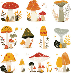 Set of autumn different mushrooms and plants. Cute wild forest fungus. Autumn stickers. Flat design. Vector illustration