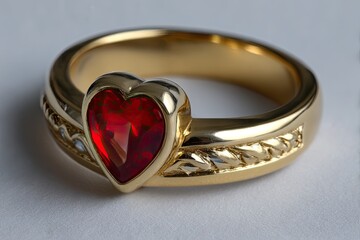A gold ring with a heartshaped red stone set as the focal point Details include a textured band