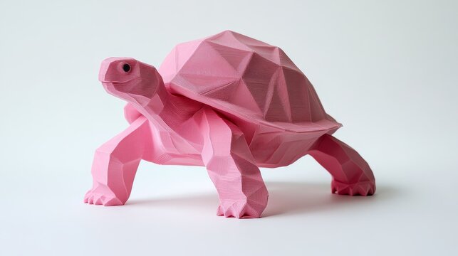 Pink origami turtle on white background