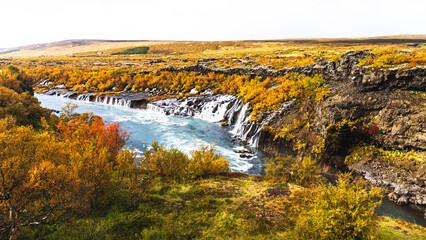 Aerial view of stunning Hraunfossar waterfalls in Iceland during summer. Turquoise glacial water cascades over ancient lava fields creating a unique natural wonder