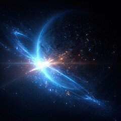 A luminous planet with bright blue and orange light arcs and particles surrounding it against a dark space background