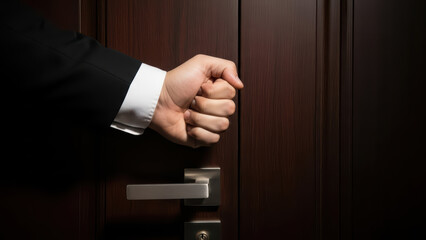 Businessman knocking on a dark wooden door with his fist, closeup on hand and handle