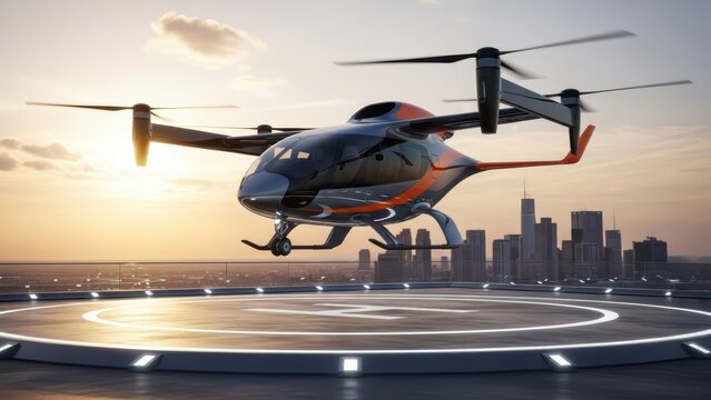 Futuristic electric vertical takeoff and landing aircraft hovering over a city helipad at sunset