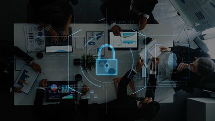 A dynamic team collaborates in a modern office setting while focusing on security concepts and analytical data. The image showcases digital tools for decision-making. Raster
