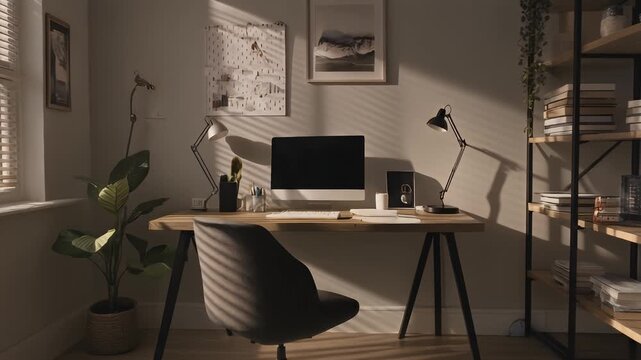 An aesthetically pleasing home office with a minimalist desk setup, a large plant, a bookshelf, and natural light streaming through the blinds