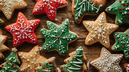 Festive christmas cookies decorated with icing arranged on a rustic wooden table