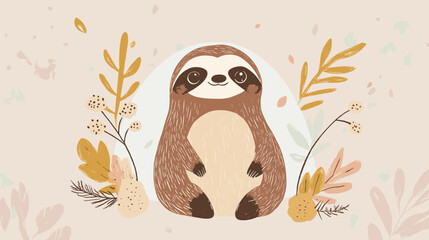 Naklejka premium Adorable Sloth Illustration with Botanical Accents in Soft Colors.