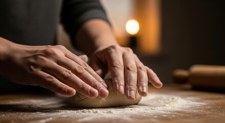 Close-up of hands kneading dough on a floured wooden surface with a blurred background.