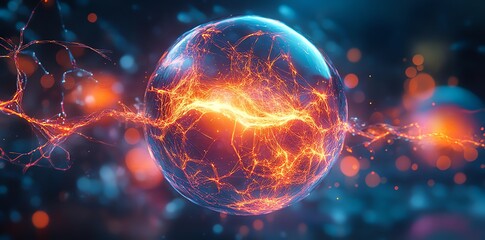 Digital Abstract Globe with Electric Lightning and Neural Network Effect in Futuristic Technology Style