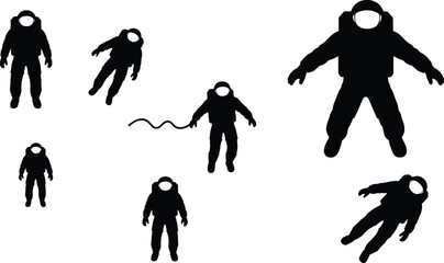 Astronaut silhouette collection floating in space vector illustration set, spaceman poses isolated on white background, science fiction exploration concept