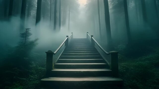 Mysterious stone staircase leading up into a dark foggy forest. Ethereal pathway to the unknown representing a spiritual journey or life path concept for a cinematic background