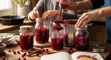 Two people preparing homemade jam in a kitchen with jars and ingredients on a wooden table.