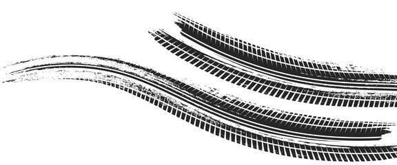 Tire tread marks, wheel textures, tire marks - car racing, motocross, drift, rally, off-road and others. Vector black isolated texture in grunge style eps 10