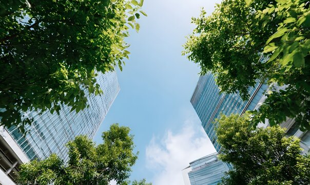 Upward View of Modern Skyscrapers Framed by Green Foliage in a City Setting with Blue Sky in Background