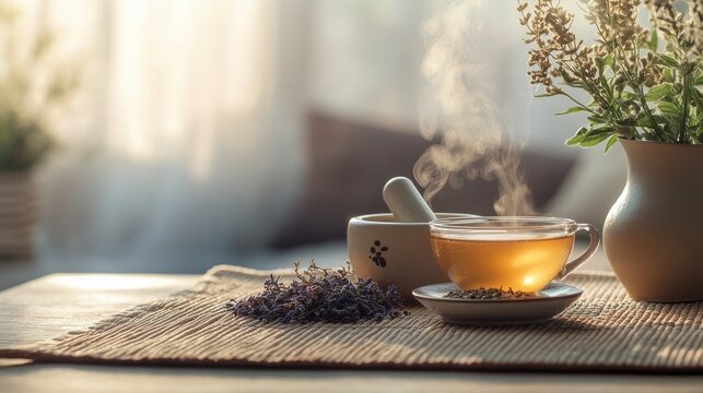 herbal medicine preparation scene with steaming herbal tea, dried medicinal plants, and a ceramic mortar and pestle, arranged on a peaceful, on blurred background