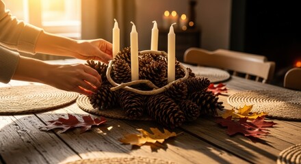 Hands arranging pinecones and candles on a rustic wooden table with autumn leaves in a cozy indoor