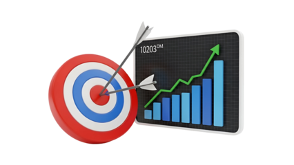 Achieving business goals and financial success represented by bullseye target and rising graph