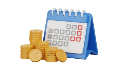 A 3d illustration showing financial planning and scheduling with a calendar and stacks of coins.