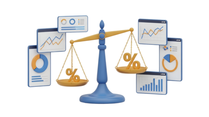 Balancing financial data and percentages using a 3d scale illustration for business analysis