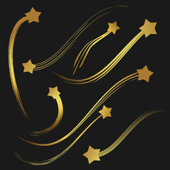 Collection of golden star icons, shooting stars in various shapes
