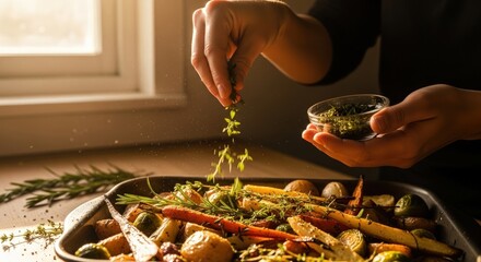 A person sprinkling herbs over a roasted vegetable dish on a baking sheet near a window with