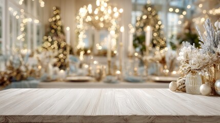 A beautifully decorated festive setting with a wooden table, twinkling lights, and elegant holiday decor in the background.