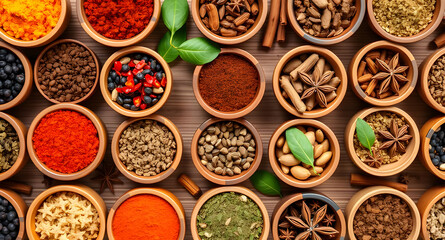 Colorful Assortment of Spices and Herbs in Wooden Bowls on Rustic Background.