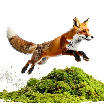 A vibrant fox leaps from a green mound, capturing motion against a clean white background