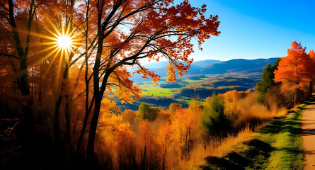 Golden Autumn Forest Landscape with Sunburst, Mountain Valley, and Scenic Hiking Trail.