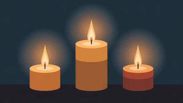 Three Lit Candles Burning with Warm Glowing Flames on Dark Background