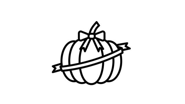 Simple black line drawing of a wrapped pumpkin with a bow and banner on a white