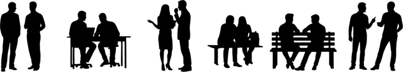 Vector silhouettes depicting diverse groups of people engaged in professional discussions, social interactions, and casual conversations