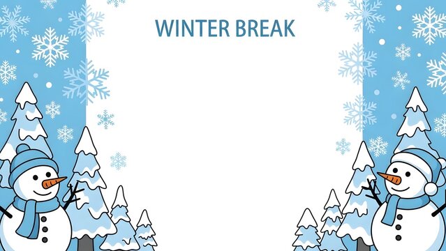 Winter break vertical frame with Santa, snowman and reindeer on blue snowy forest background, Christmas holiday greeting card template with white trees 3