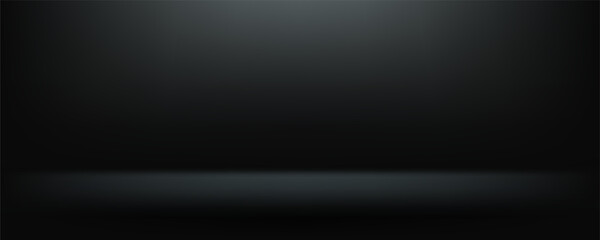 Black studio room. Limbo dark grey spotlight background. Abstract 3d backdrop for product presentation. Minimal wall scene. Showcase, promotion display. Vector stage mockup illustration