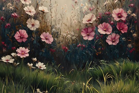 Impressionistic Painting of Pink and White Cosmos Flowers in a Meadow impressionism
