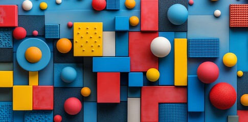 Colorful Geometric Abstract Pattern with Red Blue Yellow Shapes on Black Background