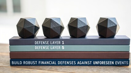 Five geometric dark sculptures arranged on layered books with text about financial defenses