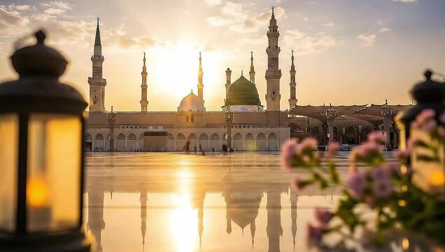 Sunrise at Al-Masjid an-Nabawi in Medina featuring the Green Dome and Marble Reflections