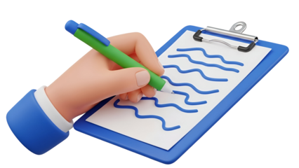 A 3d render of a hand writing on a blue clipboard with a green pen