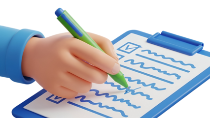 A stylized 3d render of a cartoon hand writing on a clipboard completing a checklist