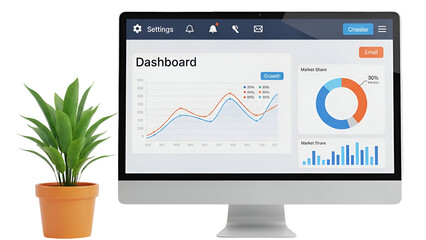 A modern business dashboard displaying financial data and charts on a computer monitor