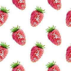 A seamless pattern for fabric or packaging featuring a juicy strawberries. A simple yet elegant endless, delicious fresh red berry with green leaves on top pattern. Hand drawn watercolor illustration