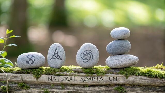 Five Smooth Grey Stones with Symbols Arranged Artfully on Mossy Surface Outdoors