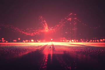 Futuristic Digital Data Visualization with Red Glowing Lights and Abstract Light Waves for Technology and Data Analysis