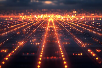 Futuristic Digital Data Stream with Glowing Orange Lights on Dark Background