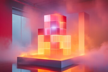 Colorful Neon Glowing Cubes in Modern Indoor Space with Fog Effect