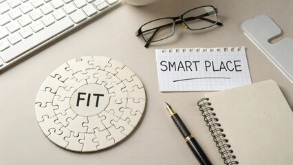 Desk setting with a circular puzzle labeled 'Fit' and a note 'Smart Place' representing business strategy and problem-solving.
