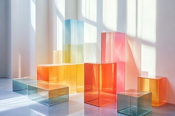 Colorful Transparent Acrylic Cubes in Bright Sunlit Room